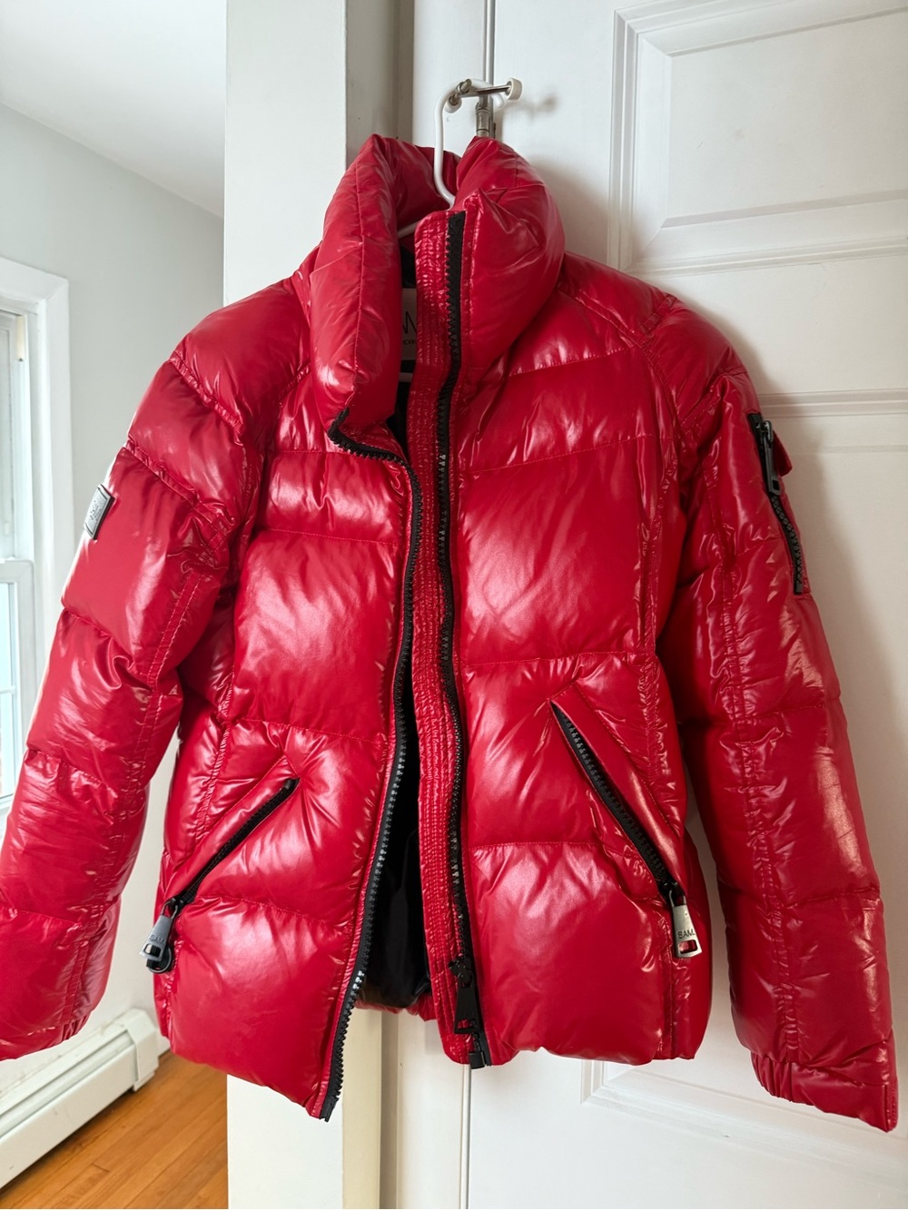 SAM. Red Quilted Puffer Jacket with Black Lining